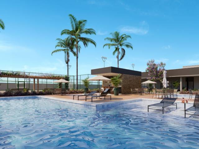 Perspectiva ilustrada da Piscina adulto e infantil com deck molhado